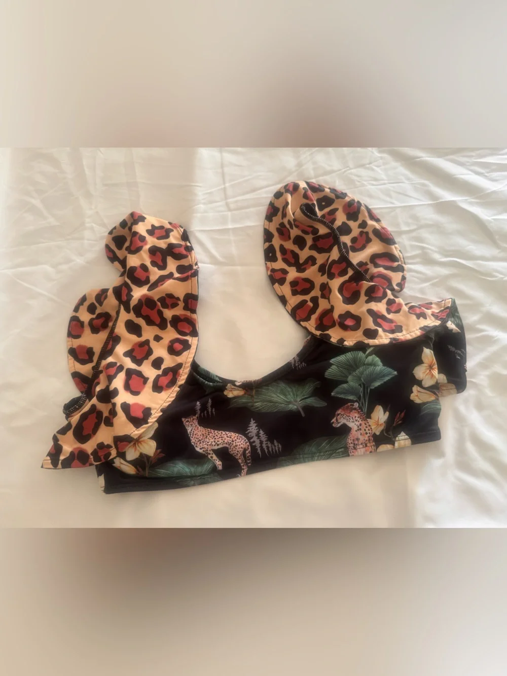 High-Waist Ruffle Leopard Print Swim Shorts - Black & Brown
